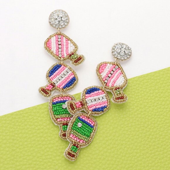 Seed Beaded Pickleball Paddle Link Dropdown Dangle Earrings NEW - Picture 2 of 4